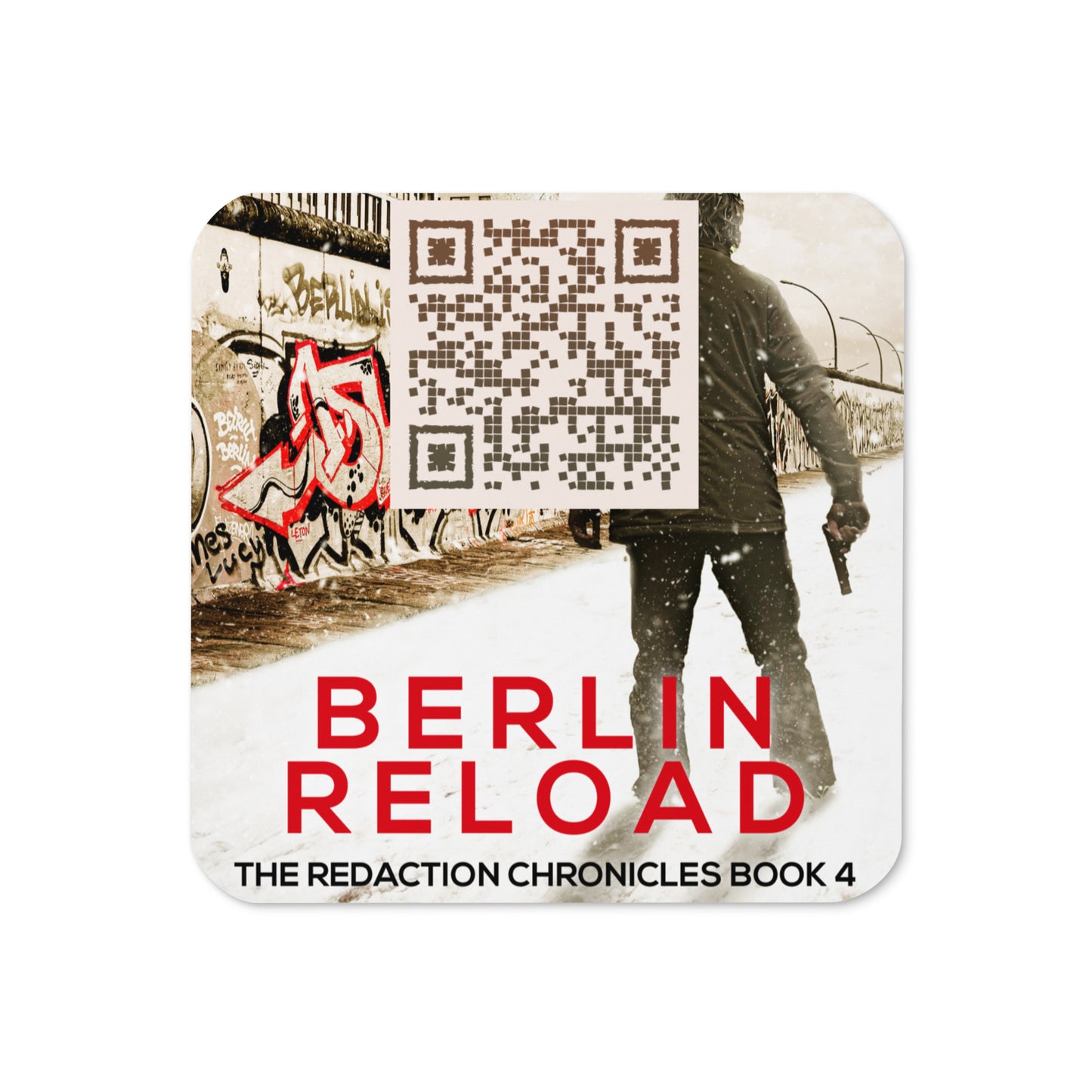 coaster with cover art from James Quinn's book Berlin Reload