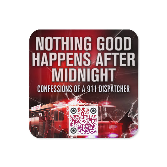 coaster with cover art from Phillip Tomasso’s book Nothing Good Happens After Midnight