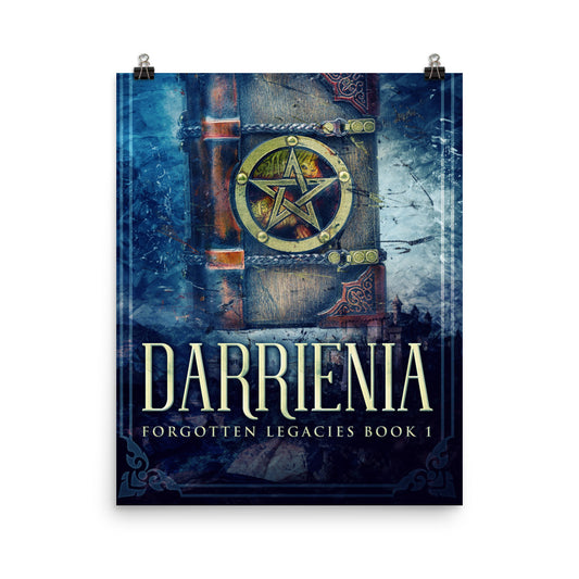 poster with cover art from KJ Simmill's book Darrienia