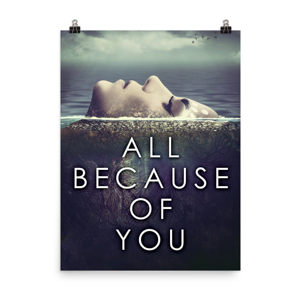 poster with cover art from Isobel Blackthorn's book All Because Of You