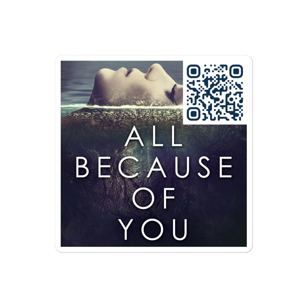 sticker with cover art from Isobel Blackthorn's book All Because Of You