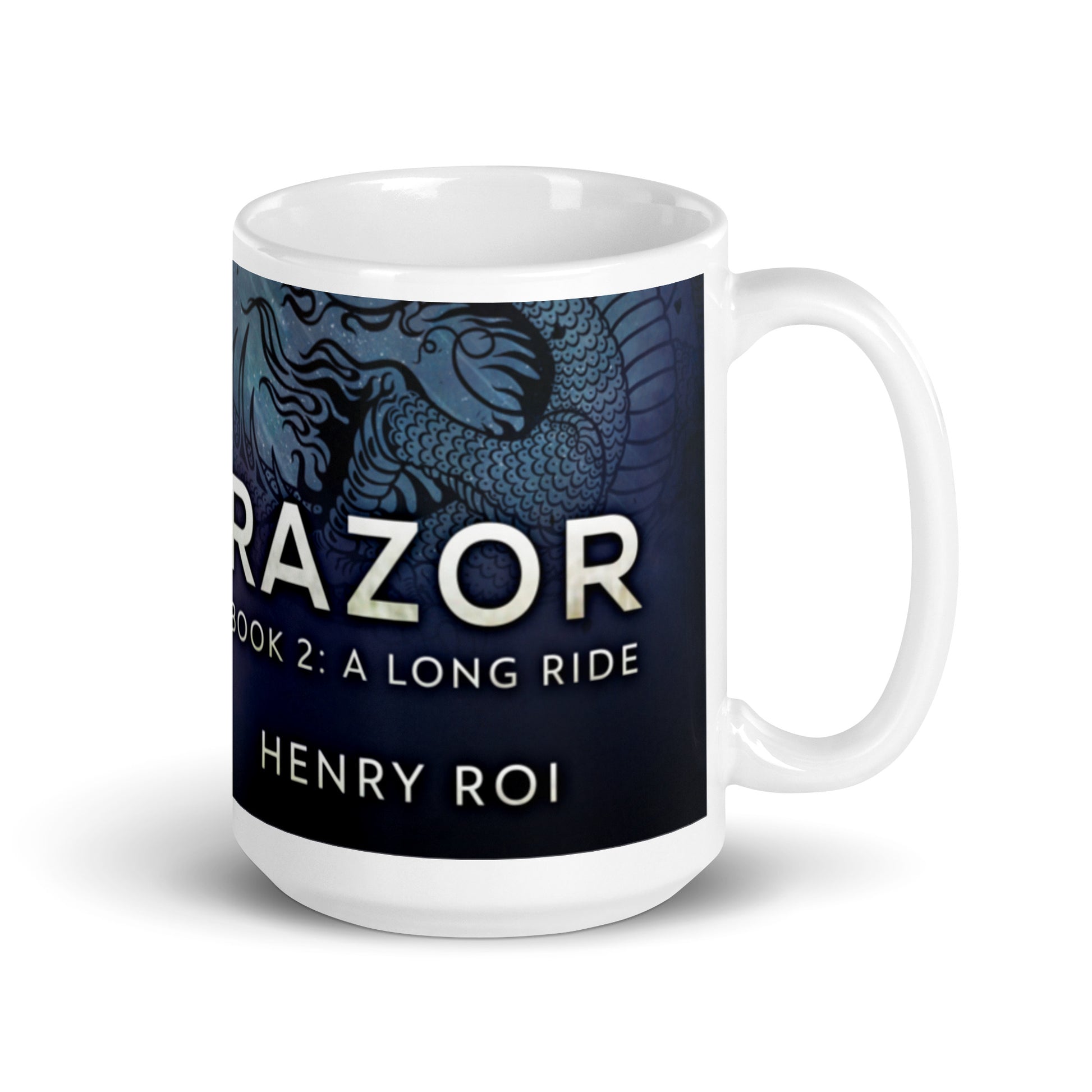 white coffee mug with cover art from Henry Roi's book A Long Ride